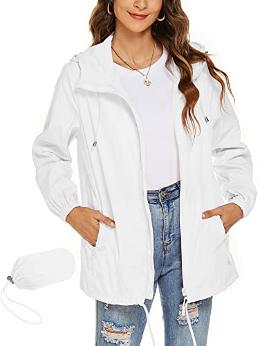 Avoogue Womens Lightweight Hooded Waterproof Active Outdoor Rain Jacket White M
