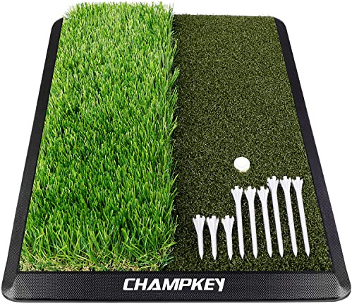 CHAMPKEY Dual-Turf Golf Hitting Mat | Come with 9 Golf Tees & 1 Rubber Tee | Heavy Duty Rubber Backing Golf Practice Mat Ideal for Indoor & Outdoor Training（13x17, PRO Version）