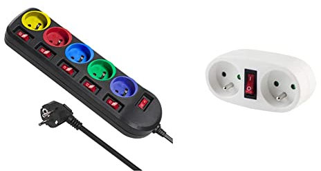 Maclean MCE204M Bloc multiprise Cordon rallonge électrique 5 Prises avec interrupteurs 250VAC/10A 1,5m Multicolore & Biplite avec Interrupteur , Domino électrique