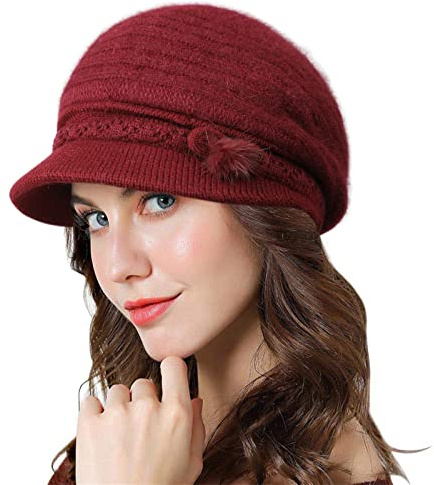 Genfien kvinnor basker hatt fransk kant keps Newsboy keps för damer tjock fleece fodrad hatt vintage virkad vinter höst en storlek, Vinrött, one size