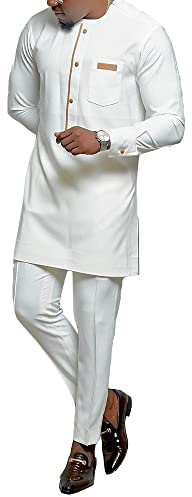 Afrikanska Kläder för Män Skjorta Och Byxor Dashiki Fashion Träningsoverall Tvådelad Kostym Traditionell Klädsel Långärmad Klädsel för Bröllopskvällen (Color : White, Size : 3XL)