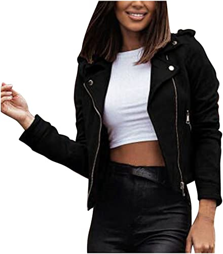 RKaixuni Veste courte tendance en daim synthétique pour femme avec fermeture éclair, Noir , L
