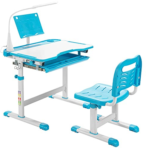 LIFEZEAL Kinderschreibtisch Höhenverstellbar, Jugendschreibtusch mit Stuhl, Schülerschreibtisch mit Schublade, Bücherständer & Tischlampe, Schreibtisch Kinder zum Lesen, Schreiben & Malen (Blau)