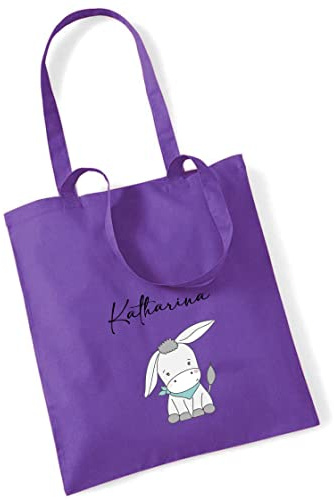 minimutz Jutebeutel bedruckt mit Esel und Name | Stofftasche aus Baumwolle für Jungen und Mädchen | Kinderbeutel Tragetasche für Kita-Beutel Kindergarten Wechselwäsche (lila)