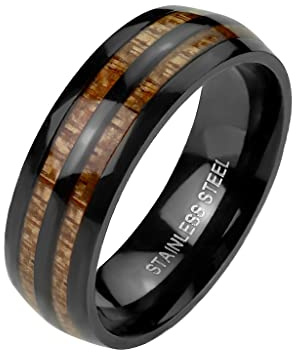 Paula & Fritz® Ring Herren Schwarz Holz-Inlay Zweifarbig 316L Chirurgenstahl Größe 64 (20,4) 7-mm Ring-Breite Damen-Ring Partnerring Motivring Muster