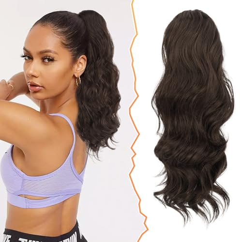 BARSDAR 40 cm Locken Kordelzug Pferdeschwanz Haarteil Haarverlängerung, Wellige Lockige Pferdeschwanz Verlängerung Synthetisches Haarteil Ponytail Extension für Frauen und Mädchen,Kastanienbraun