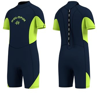 Goldfin Kids Wetsuit for Boys, 3mm Shorty Wetsuit for Kids Neoprene Back Zipper Wet Suits for Water Sports Surfing Swimming Snorkeling Diving Green Size 8