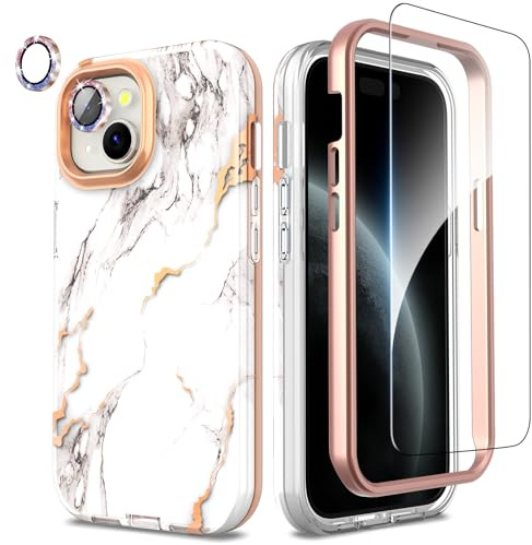 SHEDEER für iPhone 15 Hülle mit Glitzer Kameraschutz + Displayschutz, Anti-Vergilbung Schick Marmormuster-Design, Rundumschutz Stoßfest Kratzfest Handyhülle für iPhone 15 6,1'', Marmor