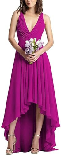 Vestido de dama de honor con cuello en V doble para mujer, talla grande, largo, espalda abierta, vestido de fiesta de boda, fucsia, 48