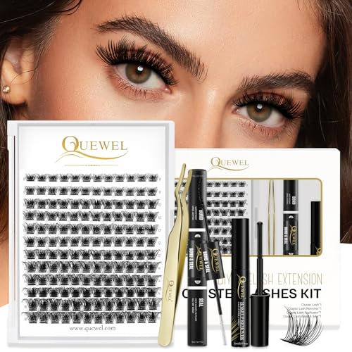 QUEWEL 144 Pcs DIY Wimpern Extensions Set, Wimpern Cluster mit Super Hold Wimpernkleber und Versiegelung, Cluster Wimpern Einzeln Applicator Tool (FD-RR-A-TH-01)