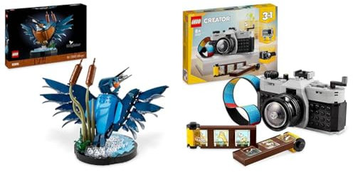 LEGO Icons Kingfisher Bird Set, Model Building Kit for Adults to Build with Water Setting Display Stand & Creator 3in1 Retro Camera Toy to Video Camera to TV Set