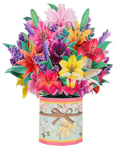 Invalidism Pop Up Card Greeting Cards for Mom, 3D Paper Flower Bouquet Card Birthday Card with Blank Envelope for Birthday Valentine's Day Mother's Day Anniversary (Lily Lavender)