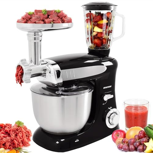 Syntrox Germany Teigknetmaschine Snilex mit Fleischwolf | Mixer | Teigknetmaschine, 6,5 Liter Kapazität, 1300 Watt, Multifunktionale Küchenmaschine, Edelstahl-Rührschüssel (Schwarz)