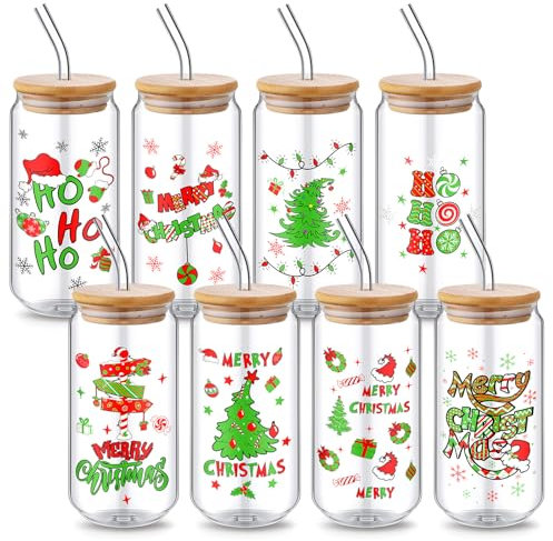 Sliner 8 Stück 530 ml Weihnachts-Einmachglasbecher mit Deckel und Strohhalm, Weihnachtsbecher, Trinkgläser, Kaffeetassen, Glas, Wassergläser, Weihnachtsdekoration, Geschenk für Frauen und Männer (Ho