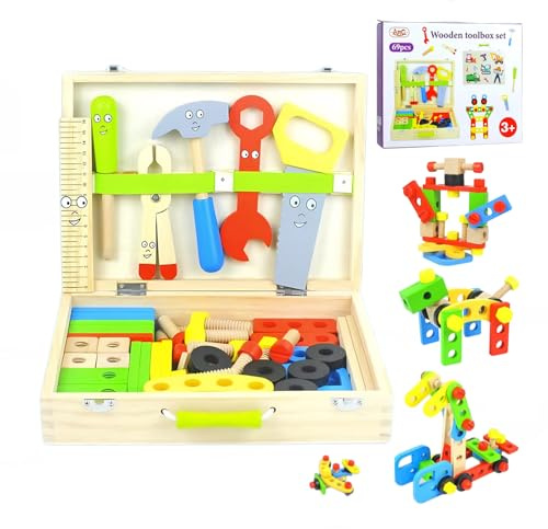 Mallette à Outils pour Enfants avec Ensemble d'outils en Bois de 69 pièces, Jouet Montessori pour Tout-Petits 3 4 5 6 7 Apprentissage précoce, création, établi, Construction de tiges, Construction