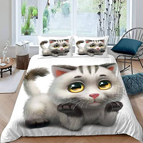 Set di biancheria da letto con grazioso gatto 3D, in morbida microfibra, con cerniera, anallergico, con stampa di animali dei cartoni animati, 3 pezzi, copripiumino matrimoniale piccolo