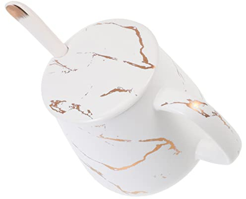 OUNONA Juego de Taza de Cerámica con Diseño Marmoleado, Taza de Café Caliente con Asa, Incluye Cuchara y Tapa, Color con Patrón de Rayo, Adecuado para Té y Bebidas Calientes en Escritorio