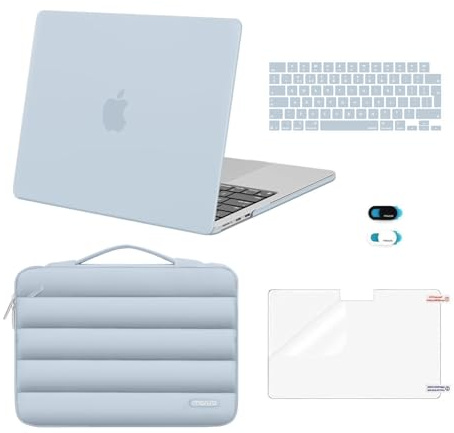 MOSISO Funda Compatible con MacBook Air 13,6 Pulgadas 2025 2024 2023 M4 M3 M2 A3240 A3113 A2681, Plástico Carcasa para MacBook Air 13 M4 M3 M2&Puffy Bolsa&Teclado Tapa&Webcam&Pantalla,Azul Bebé