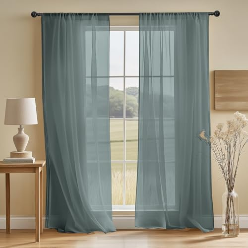 NAKIHOUSE Voile Curtain, 2 Panels Net Curtains for Windows 63 Drop, Elegant Slot Top Sheer Curtains, Light Filtering Blue Grey Voile Curtains for Living Room, Breathable & Graceful Window Drapes