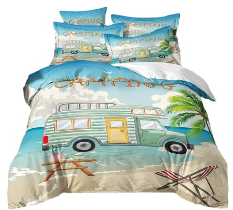 RZPFQB Camping Camping Car Parure de Lit 200x200 Surf Camping Car Housse de Couette Enfant Plage Océan Linge de Lit pour Adolescents Microfibre Couvre Lit