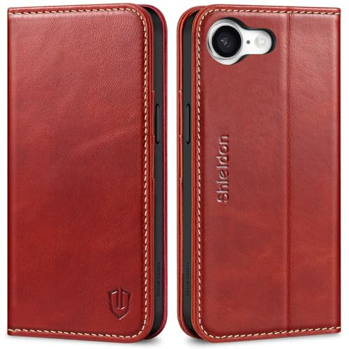 SHIELDON Echtleder Hülle für iPhone 17e/iPhone 16e 6,1 5G, Retro Rot | RFID Blocker, Kartenschlitz, Ständer, Magnetverschluss, Stoßfest, Klapphülle, Cover Case, TPU Handyhülle