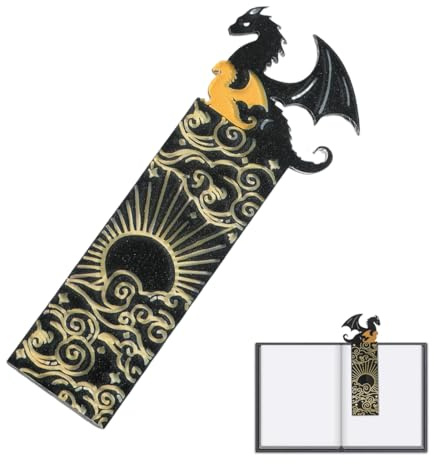 FIMWOLZ Schwarzes goldenes Drachen-Lesezeichen, doppelseitiges Muster, Acryl, cooles Drachen-Lesezeichen mit Sonne und Wolken, Bücherregal-Dekoration für Jungen und Mädchen, Buchliebhaber