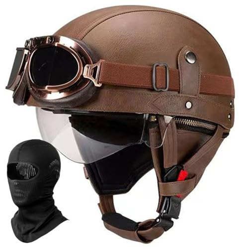 Deutscher Leder-Motorrad Halbhelm Vintage Halbmasken-Helm Erwachsene Männer Frauen Leichter Retro-Helm mit Offenem Gesicht für Moped Fahrrad Cruiser Scooter Chopper, ECE-geprüft