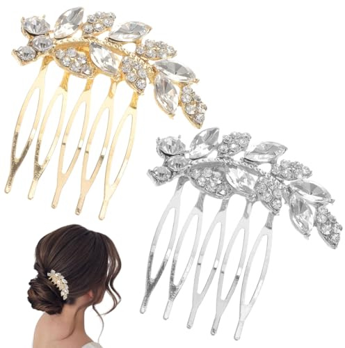 ZUWIJEQ 2 Pcs Braut Hochzeit Haarkamm Kristall Haarschmuck, Braut Haarkämme Braut Haarteile Kristall Kopfschmuck Hochzeit Haarschmuck für Frauen und Mädchen, Gold Silber Strass Haarkamm