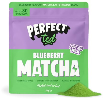 PerfectTed Blueberry Matcha Powder | Ceremonial Grade Matcha | Vegan | 75g | Natural Blueberry Flavour | L-Theanine | Antioxidants | For Lattes, Smoothies & Baking | Vegan | Gluten-Free