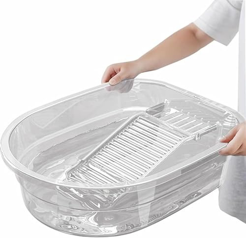 Portable Washboard & All-in-One Laundry Basin Set - Heavy-Duty Wash Board for Hand Washing Clothes | Built-in Scrub Surface, Drain Plug for Camping, RV, Emergency Use (Transparent White, 16 in)
