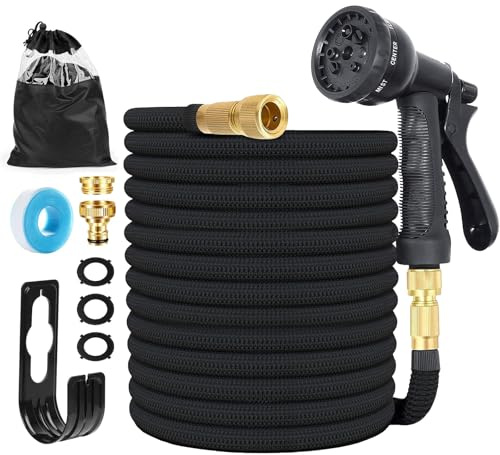 Dehnbarer Gartenschlauch, mit 10 Sprühmustern, passend für 1/2 Zoll und 3/4 Zoll Wasserhähne, flexibler und leichter Schlauch für Garten, Bewässerung, Reinigung (Schwarz, 8 Meter)