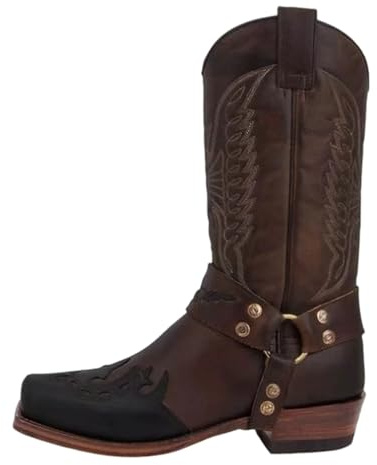Bottes pour homme à semelle mi-haute, bout carré, bottes en cuir brodées de style western avec fermeture éclair latérale, talon bas, baskets confortables et durables pour homme