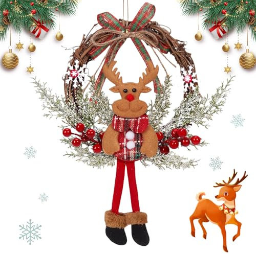 Ruichi Weihnachten Deko Türkranz, 35cm Weihnachtskranz Elch Rentier, Weihnachtskranz Elch Rattan Kranz, Weihnachten Weihnachtsdeko Dekorationen für Haustür, Außen, Fenster, Wand Hängende Deko