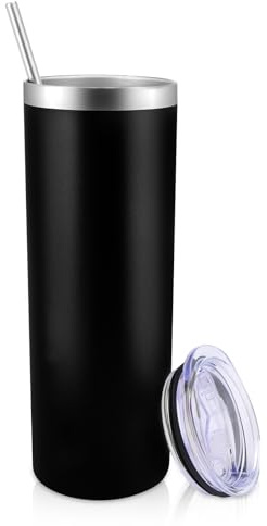 Volhoply 600ml (20oz) Skinny Tumbler with Lid and Straw, Stainless Steel Straight Tumblers Cup, Vacuum Insulated Coffee Mug for Home, Office, Travel, DIY (Black,1 Pack)