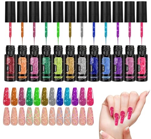 Glitter Gel Nagellack Reflekterande Långvarigt Gel Manikyr Liner Kit Design | 12 Färger Nagel Emalj Liner Reflekterande Glitter Långvarig Konst Design Kit för Kvinnor Sommarfest Semester Sommarfes