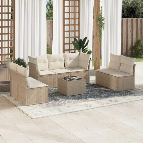 QJBSAVVA Poly Rattan Balkonmöbel Set 8-TLG Gartenmöbel Lounge Beige 62x62x69 cm Robustes Relaxsofa mit Glasplatte platzsparend für Garten Terrasse und kleine Balkone