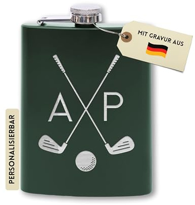 Flanacom Flasque avec gravure en acier inoxydable avec entonnoir 227 ml / 8 oz Joueur de golf Cadeau pour homme Flasque personnalisée avec gravure au choix (design 2, 8 oz, vert)