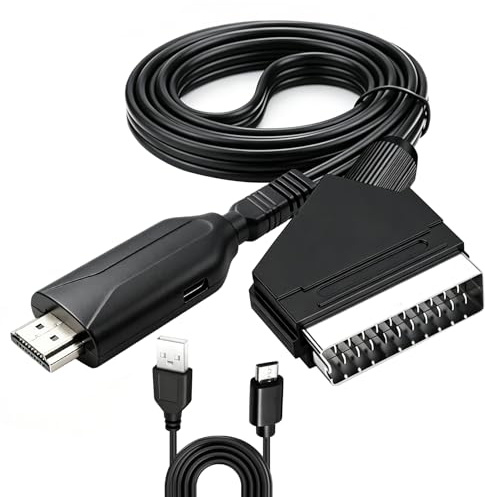 Convertisseur Péritel vers HDMI 1080P, Adaptateur Peritel Scart vers HDMI avec 1080P/720P pour TV HD, PS3, Xbox, VHS, DVD, Sky, Blu-ray, Avec Câble Intégré, Plug & Play CA 100-240V 50/60HZ, CC 5V/1A
