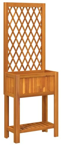 Foknhdi Fioriera con traliccio e ripiano, 55 x 29,5 x 152 cm, fioriera in legno di acacia massiccio, traliccio per piante rampicanti, traliccio da giardino per rose ed edera, naturale
