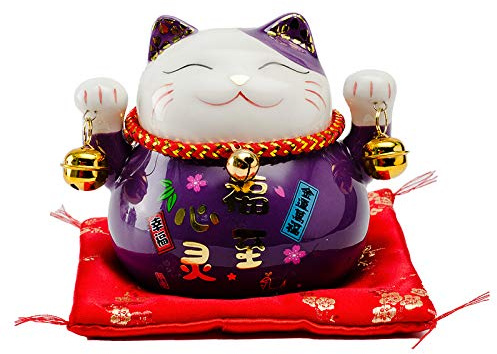 Mkuha Maneki Neko Feng Shui Gatto Fortunato, Salvadanaio e Portafortuna Lucky Cat L12*W9*H10cm,Viola