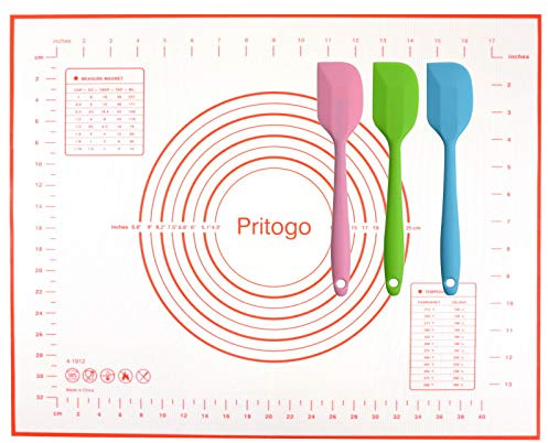 Pritogo Backunterlage Silikonmatte (50 x 40 cm) + 3X Teigschaber Rollmatte Backmatte Teigmatte mit Skala Antihaft BPA-Frei rutschfest