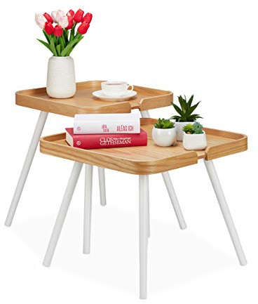 Relaxdays Beistelltisch 2er Set, quadratisch, Satztisch Holz, Wohnzimmer, Sofatisch mit Rand, H 41 & 47,5 cm, natur/weiß