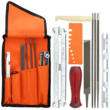 Kettensägen Schärffeilen Kit, WMLBK 10-stk Schärfset Kettensägen Schärffeilen Kit Enthält Rundfeile, Schärfführungen,Tiefenmesser, Flache Feile, Leichte Feldtasche