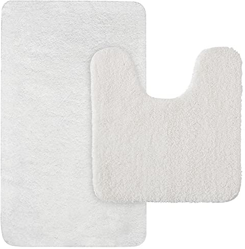 MIULEE 2 Piezas Alfombra de Pelusa Rizada Suave Antipolvo Antideslizante Absorbente Alfombra Lavable para Dormitorio Baño Una Forma de Rectángulo 50 x 80cm y Una Forma de U 50 x 50cm Blanco