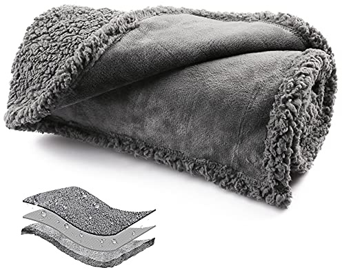 Onarway Waterproof Dog Blanket Medium: 70cm x 100cm Grey Pet Throw for Bed Sofa & Car - Washable Sherpa Fleece Cover - Leakproof Puppy Pee Pad Protection - Warm Reversible Thermal Rug