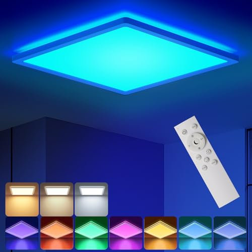 BLNAN RGB Ceiling Light with Remote, 12 Inch 24W Dimmable Led Flush Mount Ceiling Light Fixture 3000K-6500K Modern Square White Panel Lamp for Bedroom Kidroom Bathroom Party Festival