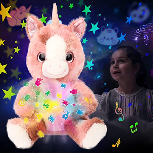 Cuteoy Plush Dirty Pink Unicorn Star Projector Musical Adjustable Singing Night Light Stuffed Animals Glowing Plushies Toy Gifts for Kids Birthday Easter Christmas,12''