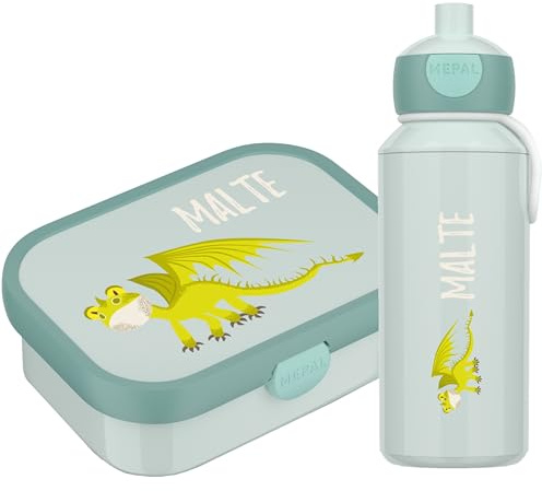 4youDesign SET: türkise Brotdose mit Fächern & Trinkflasche -Drache- personalisiert mit Namen I Geschenkidee für Jungen & Mädchen I Schule & Kindergarten (Cool Mint)