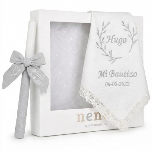Nenel | Kit de Bautizo Personalizado con Vela y Paño Bordado en Lino Natural – Bambula Gris – Regalo Recuerdo Original Bautismo – Cirio y Toalla Bautismal con Nombre y Fecha