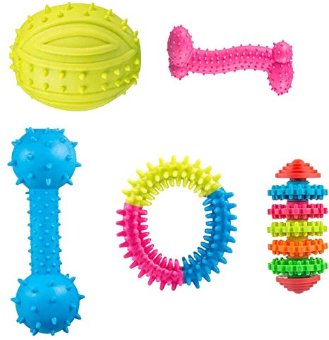 Comius Sharp Welpen-Hundezahnspielzeug, 5-Teiliges Zahnreinigungs-Hundekauspielzeug für kleine, Mittelgroße Hunderassen, Interaktives Silikon-Zahnpflege-Zahnpflege-Hundekauspielzeug für das Training